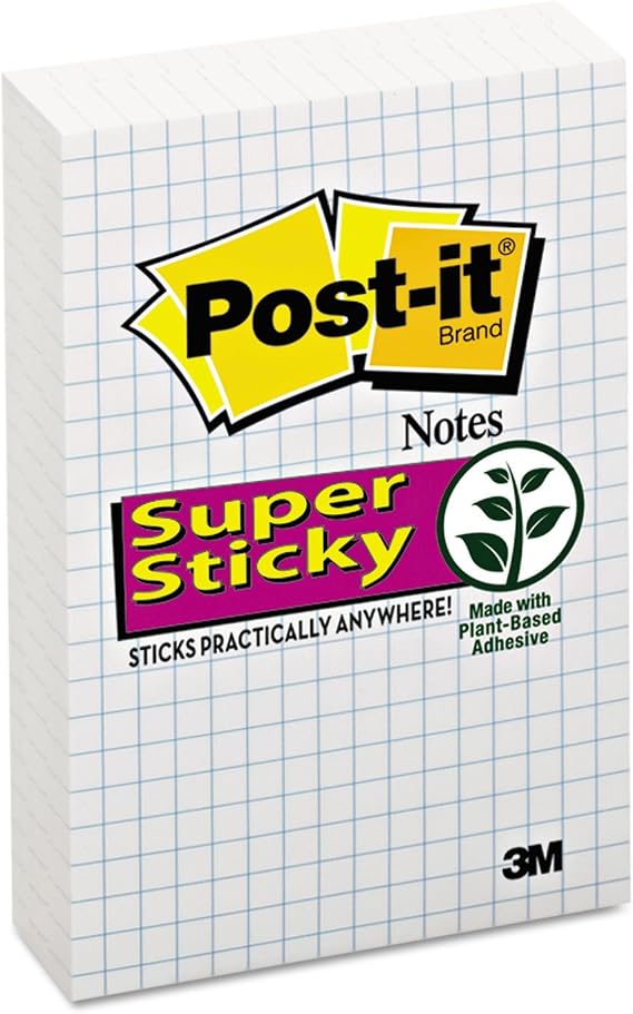 Post-it Süper Yapışkan Notlar, 4x6, 3 Ped, 2x Yapıştırma Gücü, Mavi Izgara Çizgileri ile Beyaz, Geri Dönüştürülebilir (660-SSGRID)