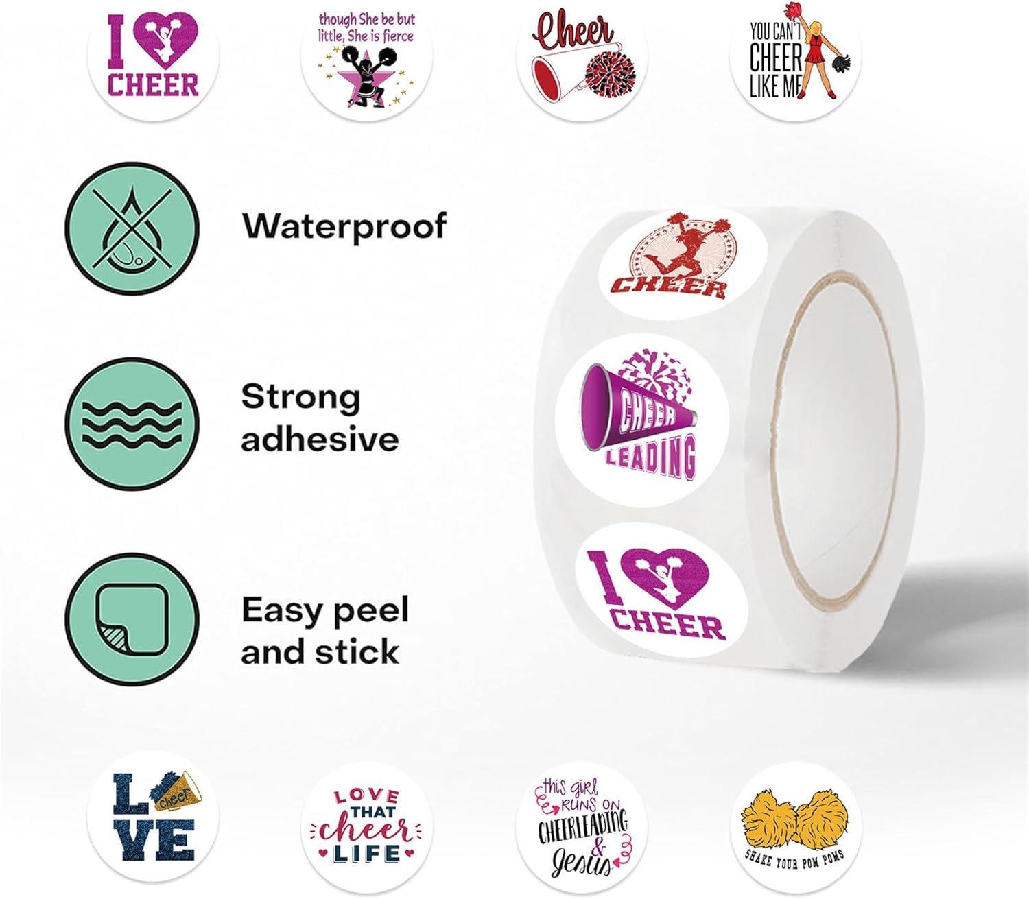 500PCS Cheerleaders Stickers Roll 10 Styles Funny Cheer Stickers Cheerleading Decals Vinyl Waterproof Sticker Pink Cheering Sticker Pack (Cheerleaders)