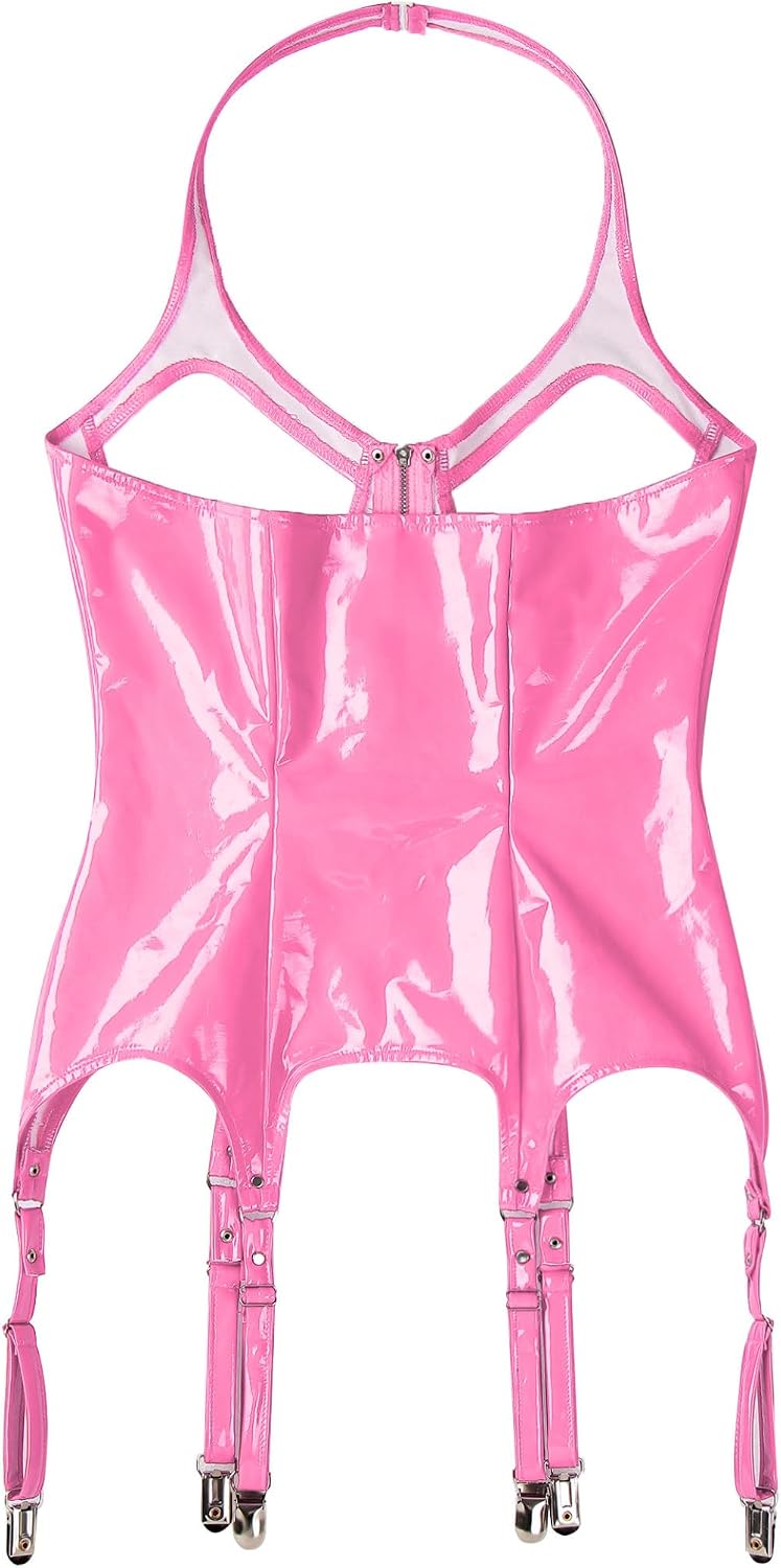 Linjinx Womens Sexy Lingerie Stripper Outfits Leather Halter Neck Cupless Tops with Garter Belt