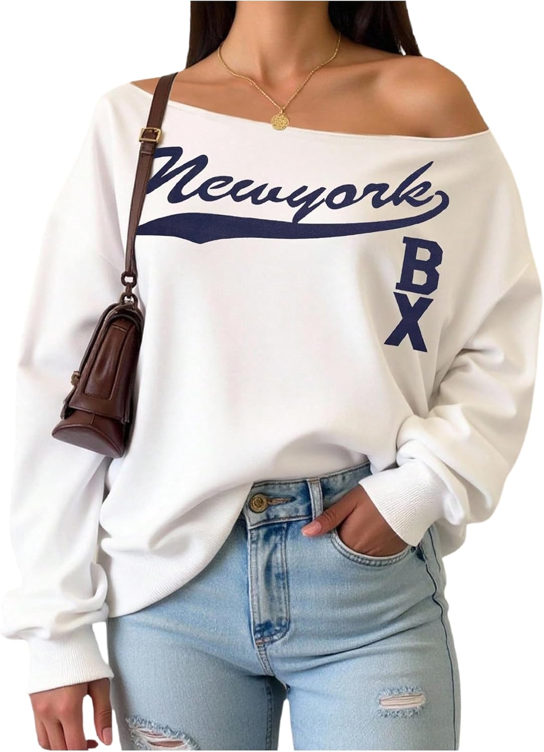 WDIRARA Women's Off the Shoulder Sweatshirts Letter Graphic Long Sleeve Pullover Loose Tops Streetwear