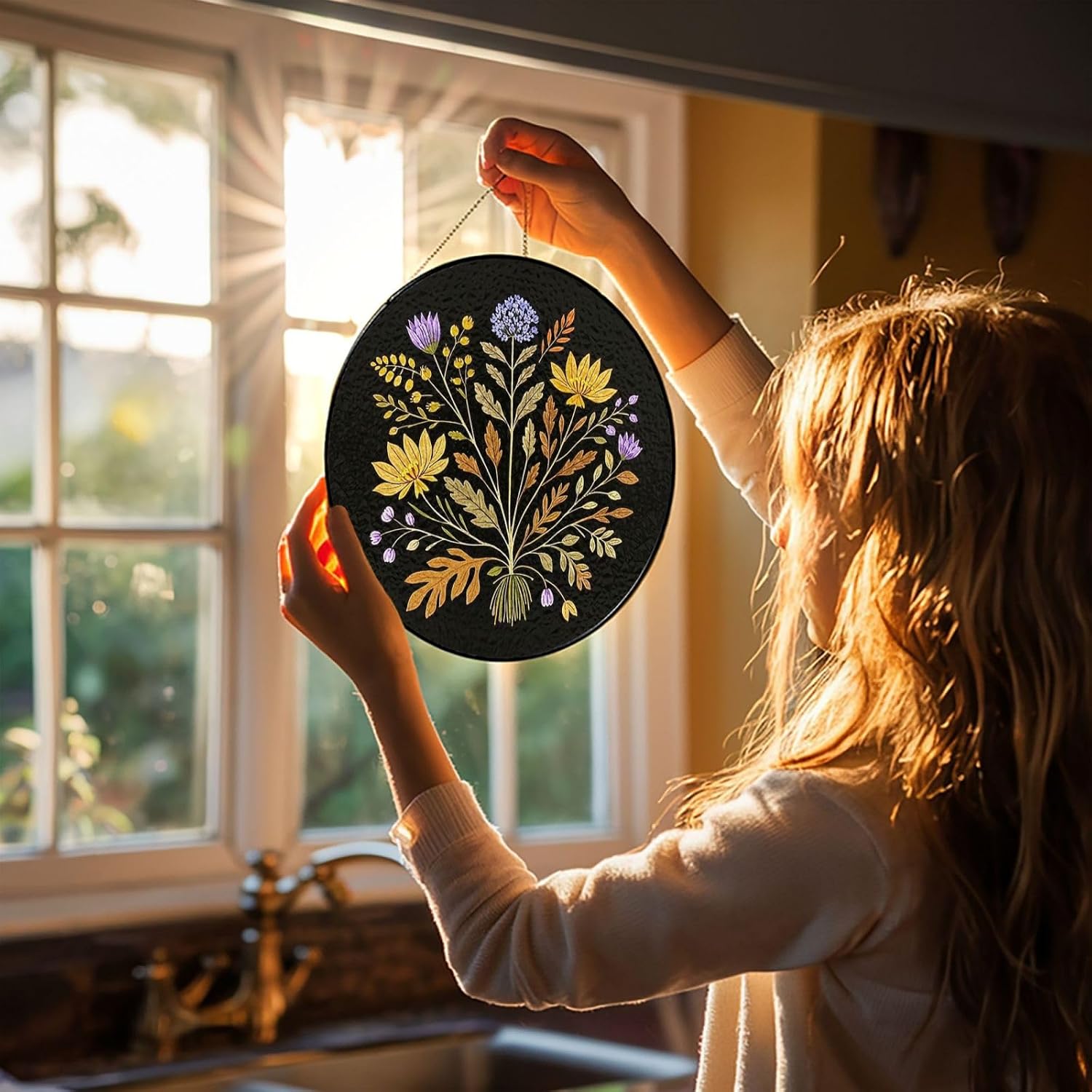 Stained Glass Window Hanging 12in Window Suncatcher Glass Panel with Metal Chain Wild Flower Print Vintage Fall Theme Sun Catchers Wall Art Home Decor Gift for Women Mother's Day
