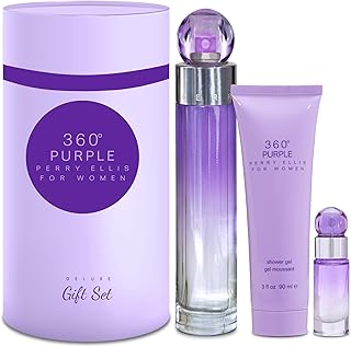 Perry Ellis 360° Purple Gift Set - 3.4 fl oz eau de parfum, 3 oz shower gel, .25 fl oz travel spray - blackberry, peach, pink apple, tuberose, muguet, rose, jasmine, mimosa, sandalwood, oak moss, musk