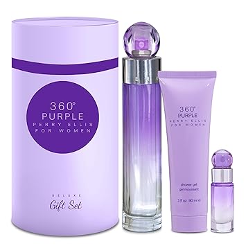 Perry Ellis 360 Purple Gift Set - Perfume Gift Sets for Women, EDT, Luxury Womens Self Care Kit with Mini Fragrance for Travel - 3.4 fl oz Eau De Parfum, 3 oz shower gel, .25 fl oz Travel Spray