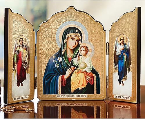 Needzo Virgen y el Niño Cristo San Miguel Gabriel Tríptico Icono 5 12 pulgadas, Virgen María Floración Eterna con Arcángeles, Tríptico Católico