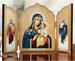Needzo Madonna and Child Christ Saint Michael Gabriel Icon Triptych 5 1/2 Inch, Virgin Mary Eternal Bloom with Archangels, Catholic Christian Orthodox Triptych