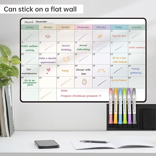 Miniatura 3 de MCCORL Calendario semanal de borrado en seco y calendario mensual autoadhesivo en nevera de acero inoxidable no magnético, vidrio, pared y madera