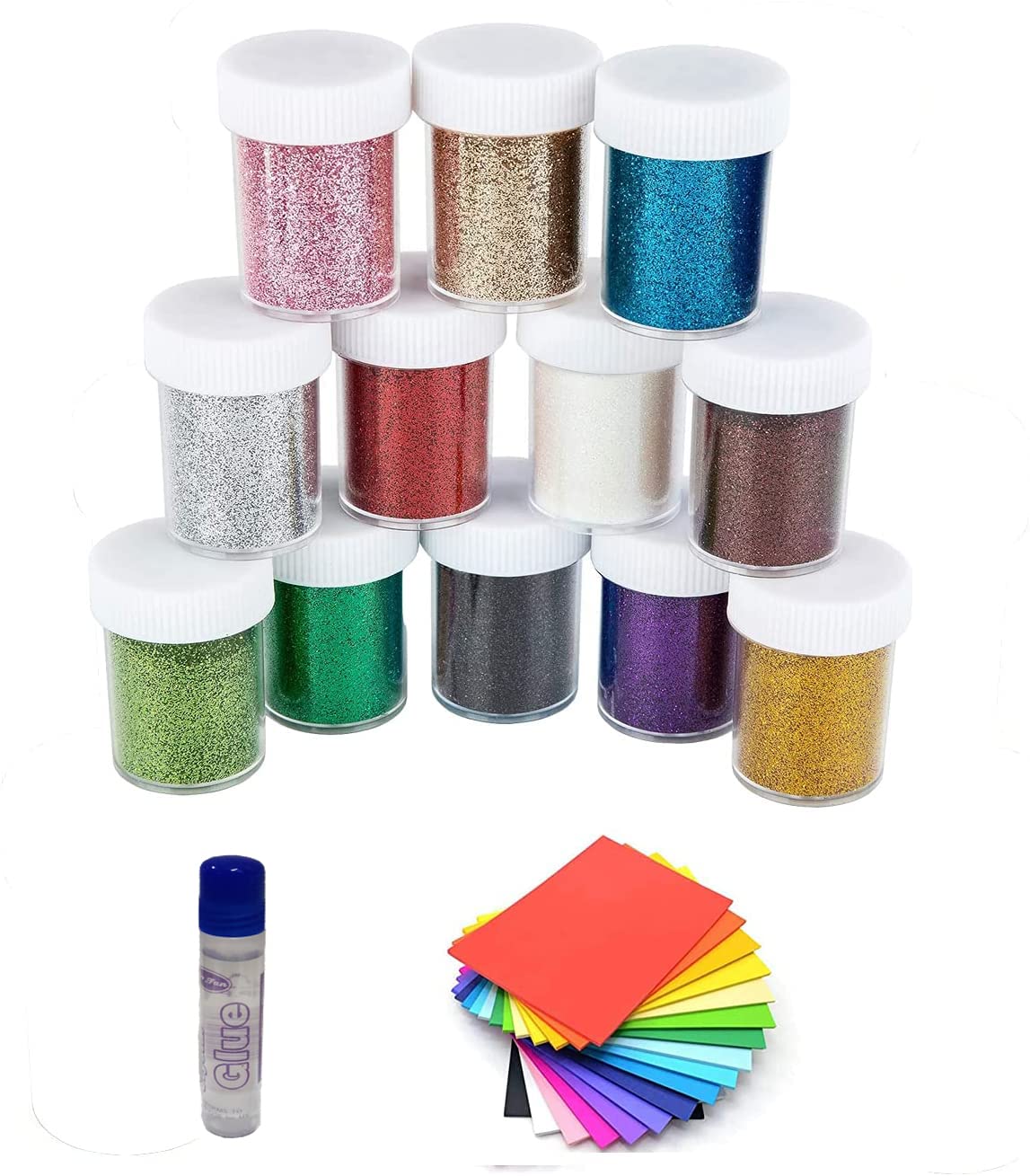 12 Multi Color Glitter Shaker Jars, Glitter Powder for Art and Craft, Slime, Christmas Craft, Candle, Makeup Party Invitations DIY Craft, Assorted Colors + 1 Glitter Glue & 10 Multi Color Craft Papers