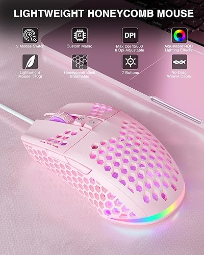 Miniatura 9 de SOLAKAKA Ratón RGB para juegos con cable con carcasa de panal ajustable 12800 DPI 7 botones programables mouse ergonómico para juegos ligeros para