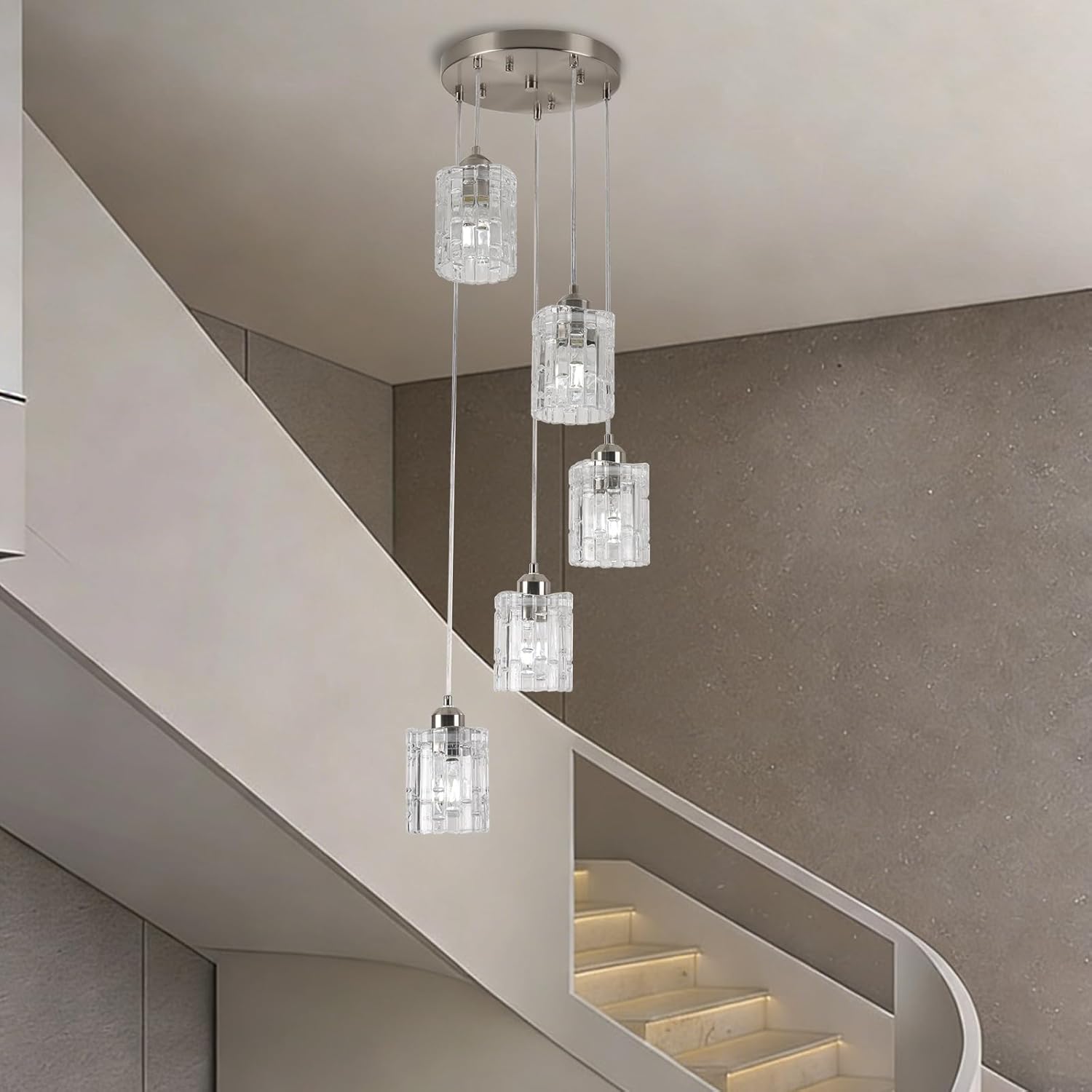 Finktonglan 5-Light Glass Pendant Light Staircase Chandelier, Chrome Cluster Pendant Lighting, Sloped Ceiling Compatible, Adjustable Height for Foyer Entryway Dining Room & Kitchen Island, E26 Base