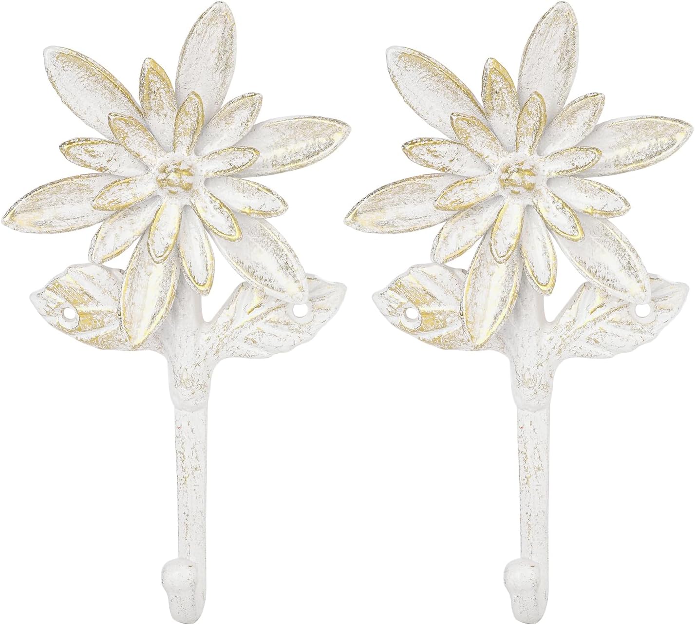 Sungmor Set of 2 Decorative Cast Iron Coat Hooks - Vintage Flower Design with Antique White Finish - Heavy Duty Wall Hook for Coats,Hats,Keys - Hanger for Entryway,Bathroom and Bedroom