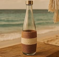 زجاجة ماء زجاجية للديكور بغطاء من الفولاذ المقاوم للصدأ، سعة 1000 ملليلتر، بتصميم ملفوف بخيوط الجوت باللونين البني والأبيض