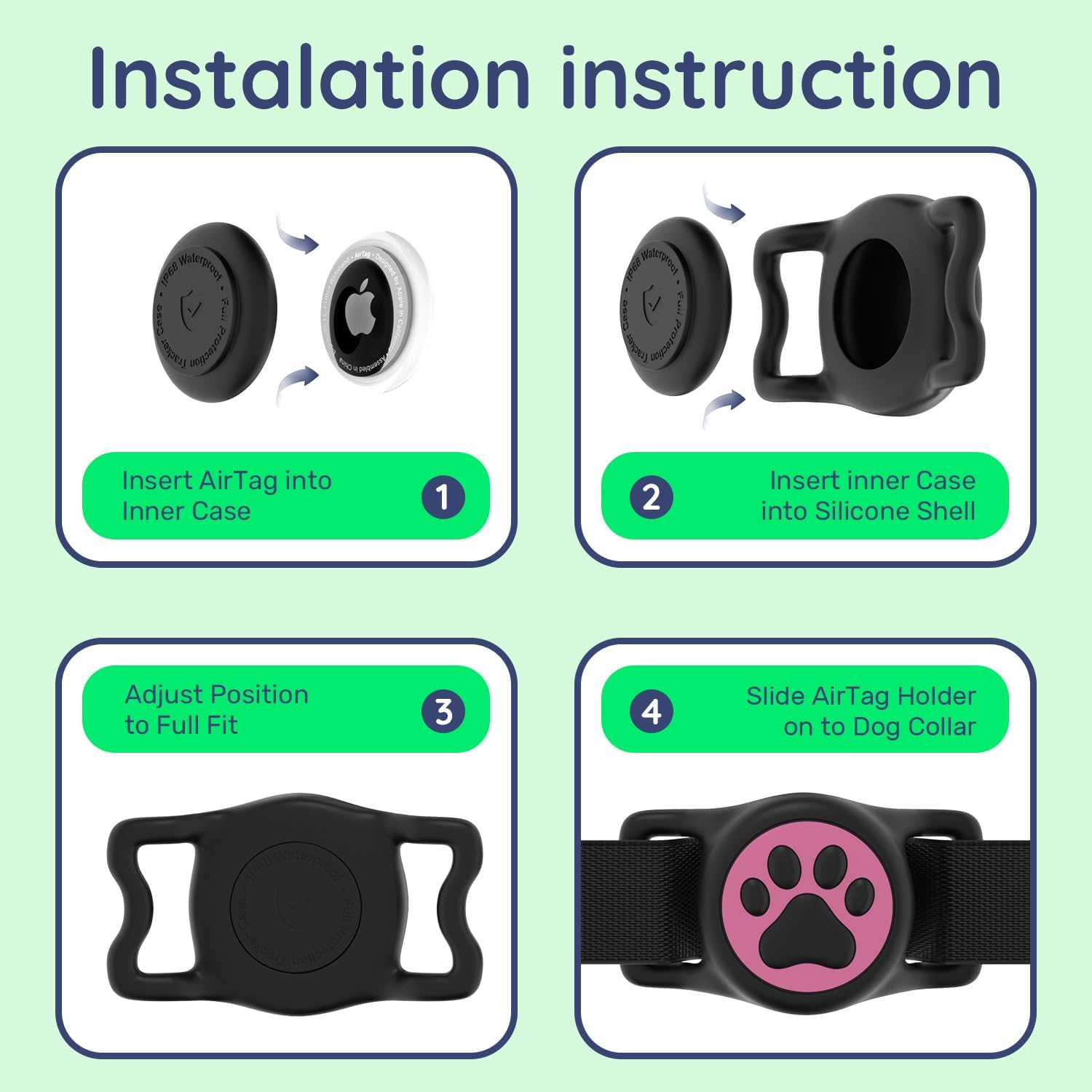 WhoseID IP68 Waterpoof Dog Air tag Holder, Stretchy Silicone Full Body Covered Apple Air Tag Holder for Dog Cat Collar Fit All Width Collar (Black1/ Black&Orange/Black&Blue/Black&Pink, 4 Pack)