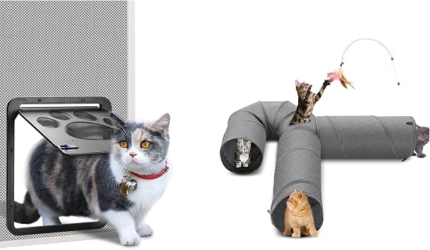 Ownpets Pet Screen Cat Door Magnetic Flap Automatic Closure Door and Cat Tunnel Large 3 Way U-Shaped Cat Play Tunnel