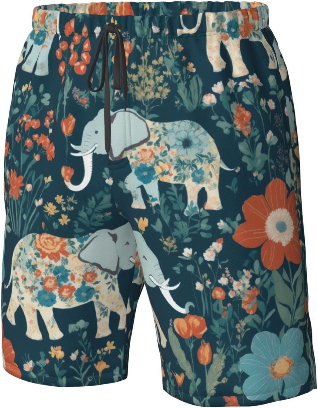 Gorgeous Meadows Pattern with Floral Elephant in Print Men's Swim Trunks Quick Dry Beach Shorts with Pockets Lining Swimwear