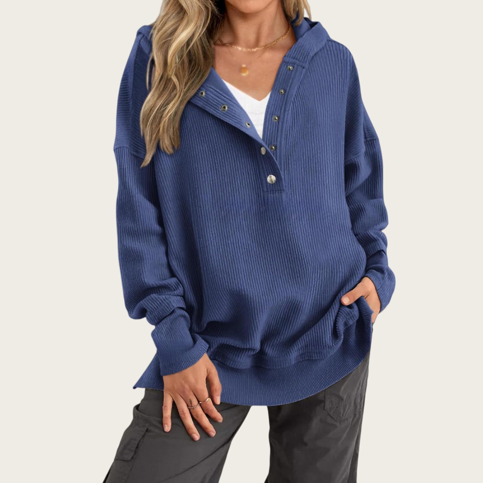 Damska bluza oversize z kapturem, dekolt w serek, rozcięcie, na co dzień, na jesień i zimę, topy