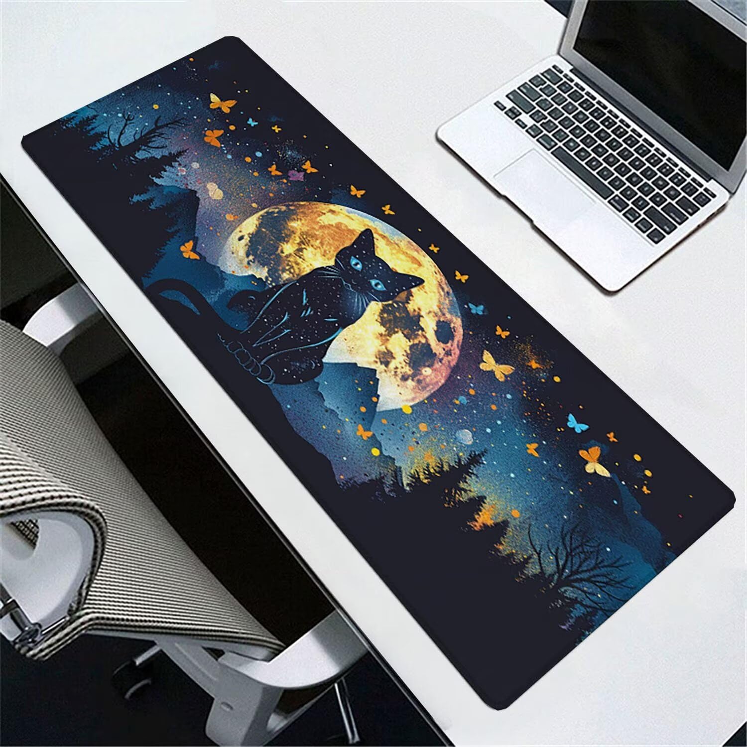 Tapis de Souris Gaming XXL (1200x600mm) - Grand Tapis Bureau Antidérapant Étanche Bords Cousus Caoutchouc Naturel pour Gamer PC Portable Bureau - Précision Vitesse Confort Le Chat étoilé G-862