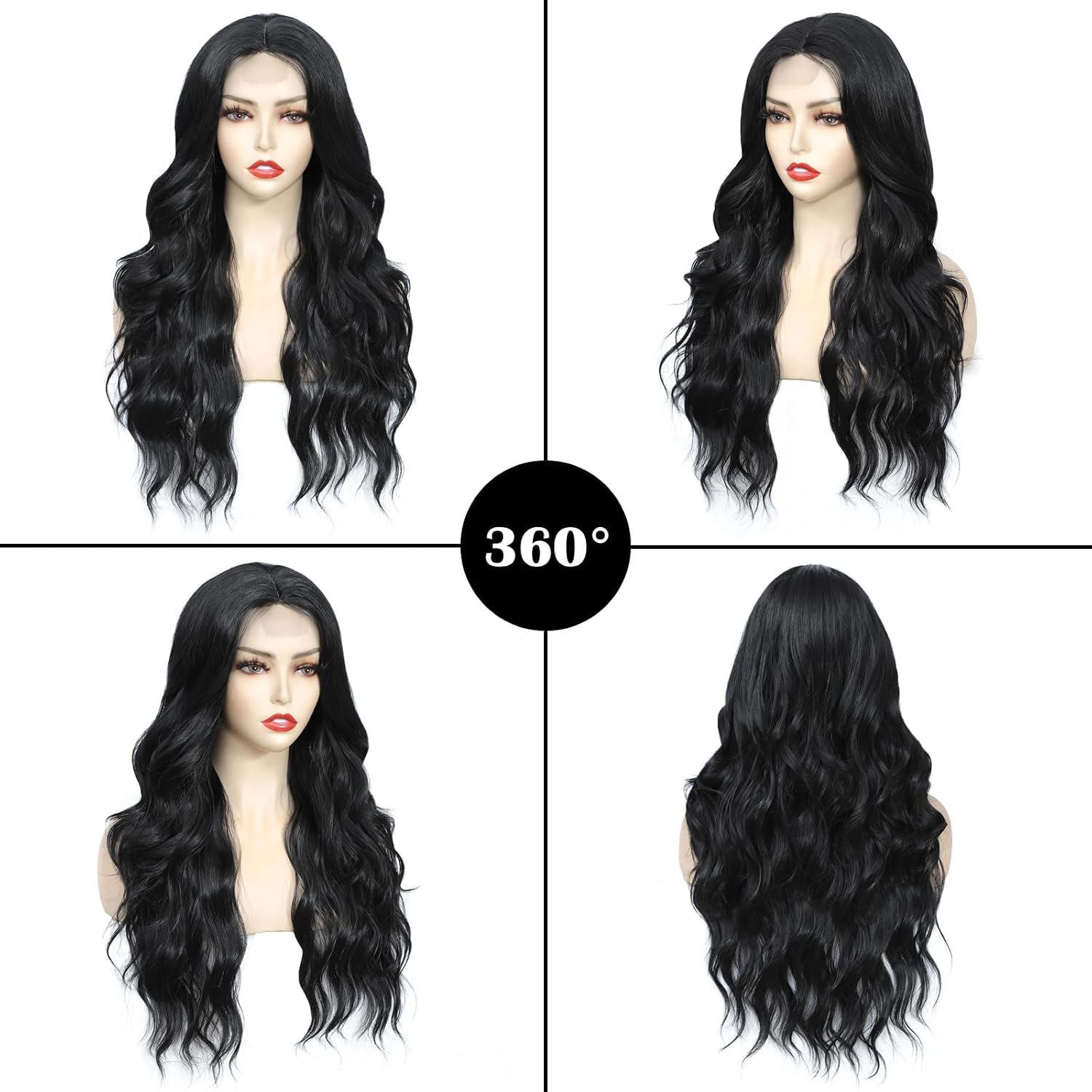Long Black Wavy Wig Middle Part for Women 26 Inch Black Curly Wavy Wig Natural Looking Synthetic Heat Resistant Fiber Wig for Daily Party Use