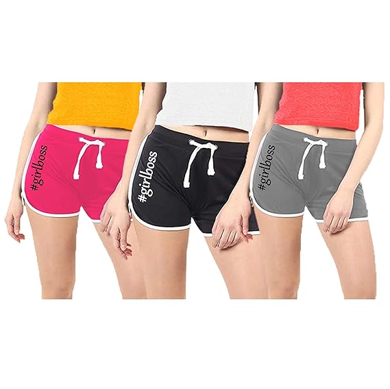 Hangout Hub Womens Shorts-Girl Boss Printed-(Pack of 3) Black Pink Grey Soft Cotton Casual Shorts