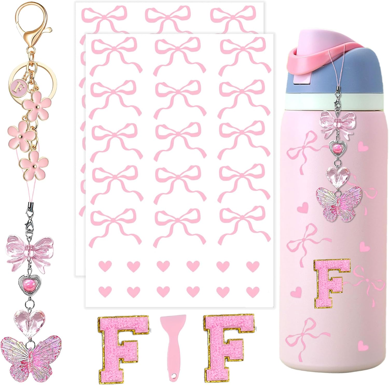 Pink Bow Accessories for Owala Bottle, Pearl Charm & Letter F Sticker