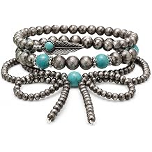 ASIJUNTYECHO Navajo Pearl Bracelet, 3Pcs Vintage Boho Bow Denim Western Bracelet Stack, Cowgirl Jewelry for Women, Boho Accessories with Western Turquoise Style
