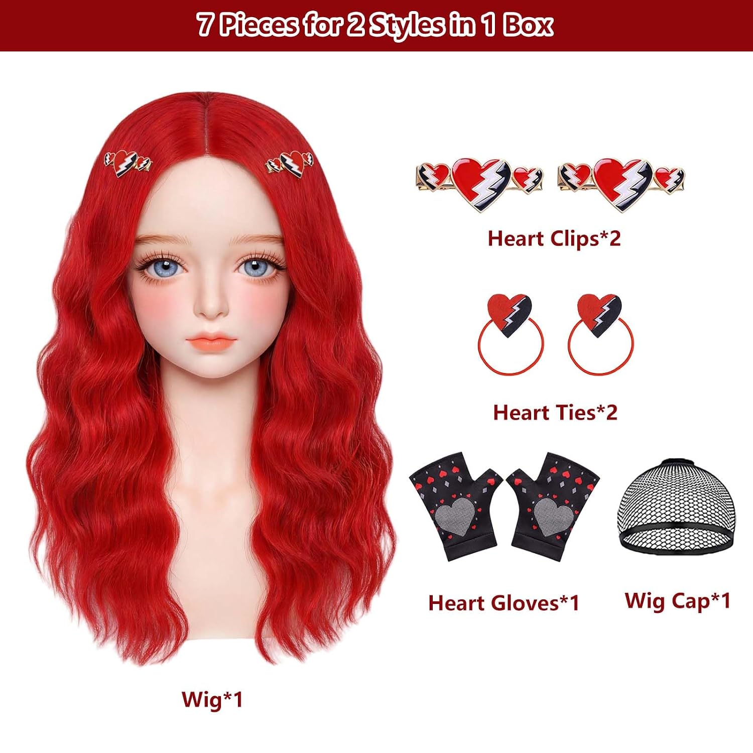 KEAT 7pcs Girls Kids Red Wig Princess Cosplay Costume Wig Halloween K051