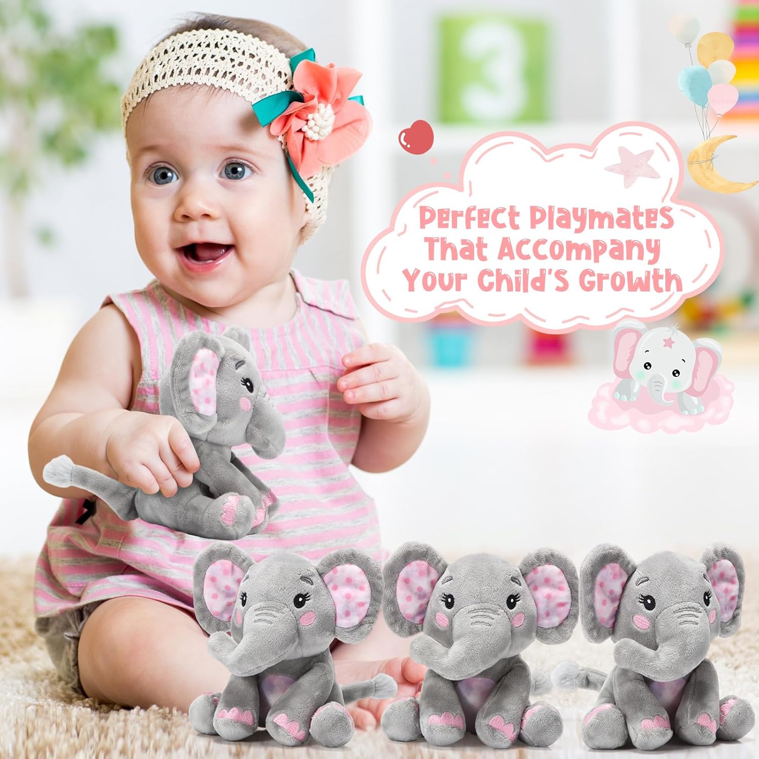 Libima 4 Pcs Small Elephant Stuffed Animals Bulk 6 Inch Cute Elephant Plush Sets Soft Cuddly Stuffed Animals for Boys Girls Baby Birthday Baby Shower Gender Reveal Party Supplies Decor(Pink)