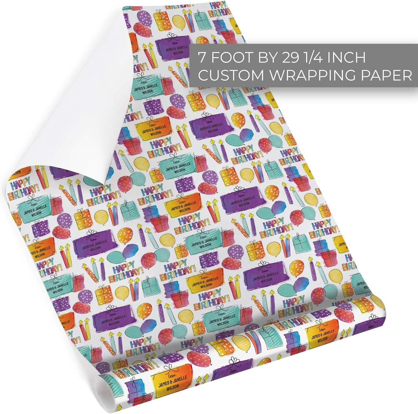 Canopy Street Personalized From Watercolor Birthday Wrapping Paper / 7 Foot Roll Custom Happy Birthday Present Paper/Modern Illustrated Festive Design/Made In The USA