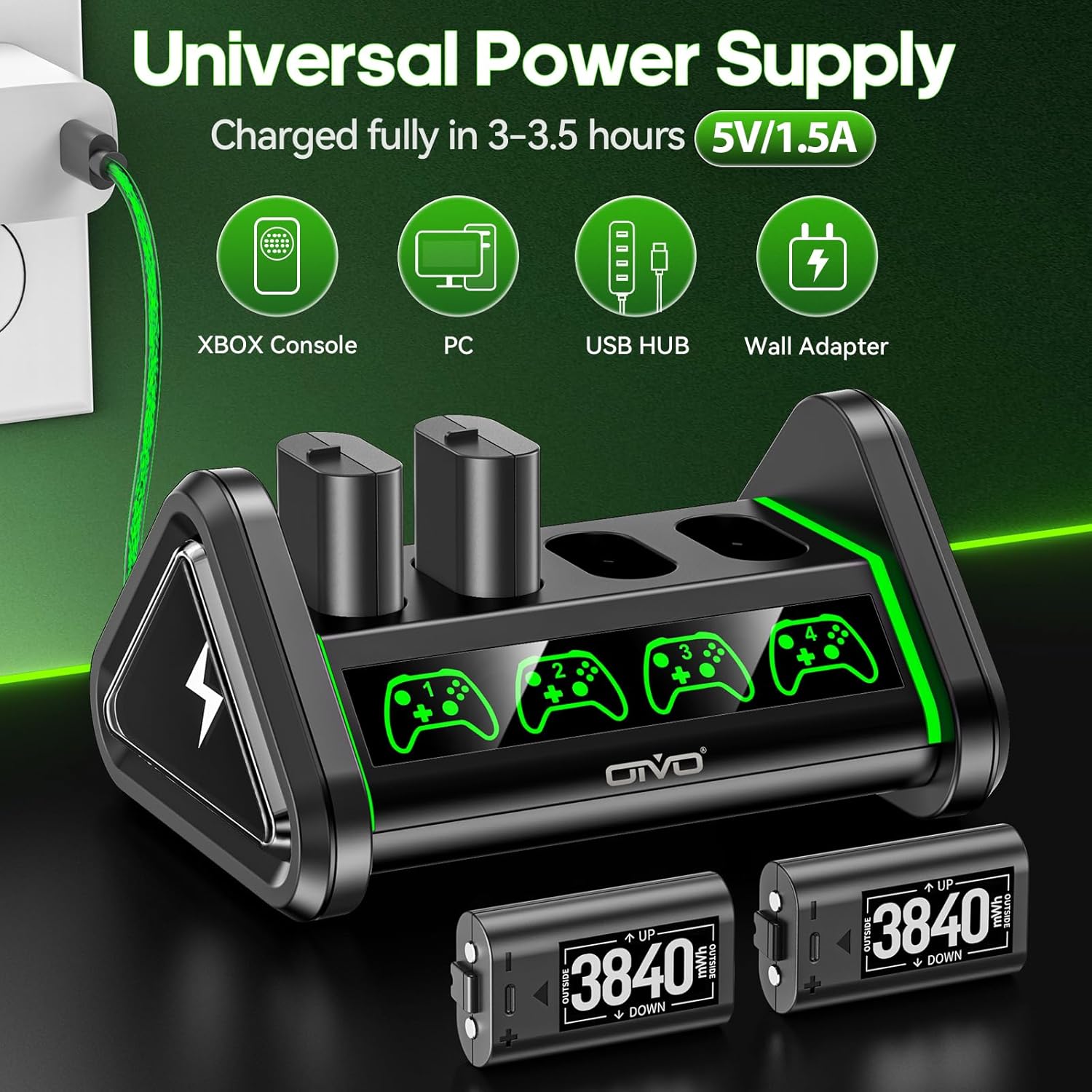 Xbox Battery Pack Rechargeable, OIVO Xbox Controller Charger with 4 x 3600mWh Packs Rechargeable Battery Packs, Xbox Controller Battery Pack for Xbox Series X/S/One/Elite/Core Controller - Image 3