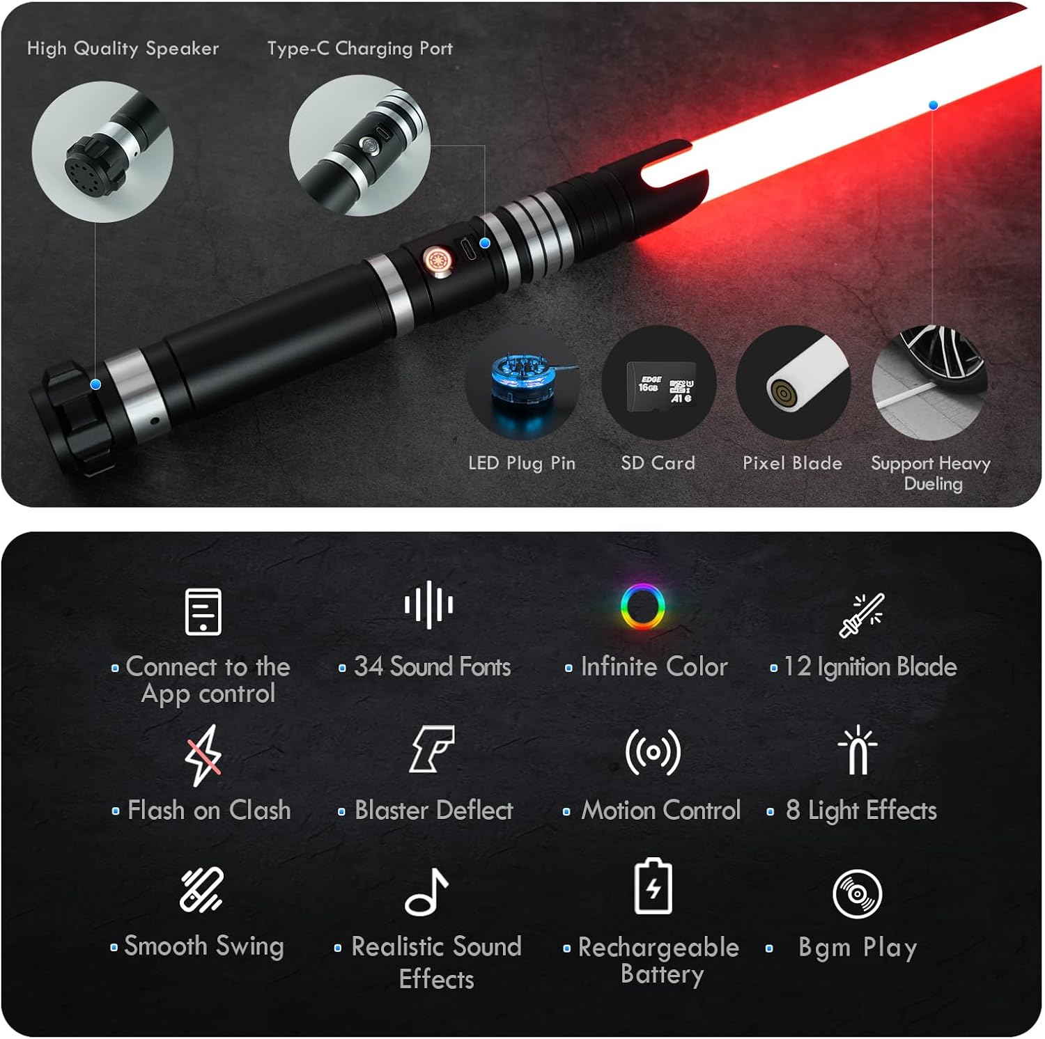 damiensaber upgrade xenopixel 3.0 motion control light saber, smooth swing with light sabers 34 sound fonts infinite color changing, metal hilt dueling light sabers for adults -black black xenopixel-34 fonts