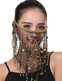 Women Belly Dance Face Veil with Beads Sequins Halloween Costume Accessory