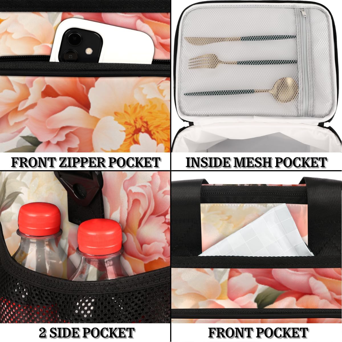 Peony Flowers Insulated Picnic Backpack Lunch Box for Women Men Picnic Basket Tote Lunch Bag Picnic Bag Portable Lunch Bags for Picnic, Beach, Work, Trip,Office, Camp Peony