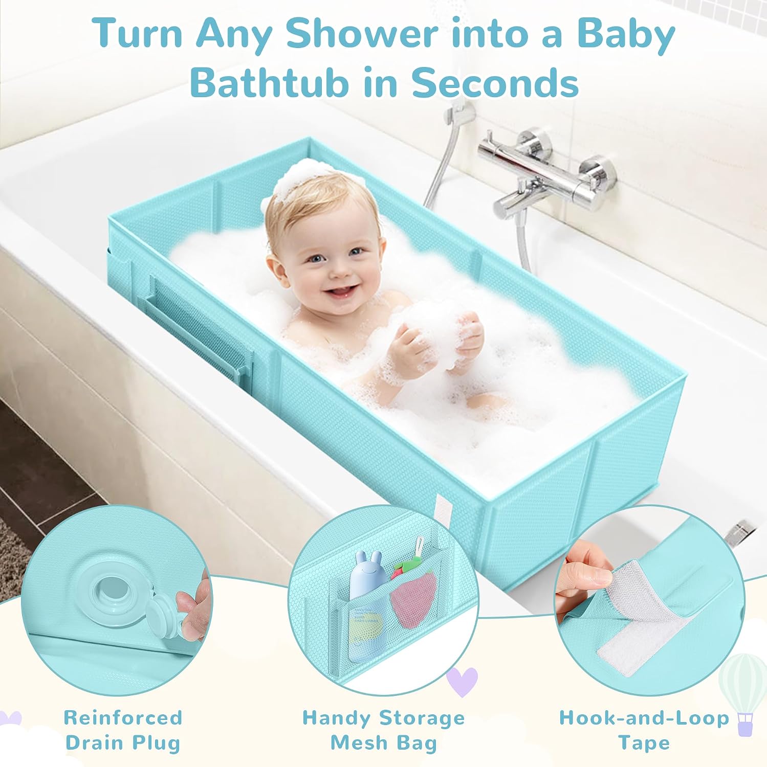 Collapsible Baby Bathtub, Foldable Toddler Bath Tub with Chick Pattern Bath Rinse Cup, No Assembly Portable Travel Bathtub for 6M-5Y, Ideal for Shower, Travel Essentials & Baby Registry Gift
