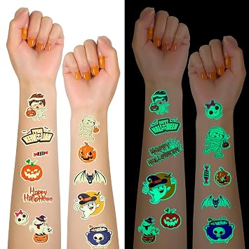 120 PCS Glow Halloween Tattoos for kids, Luminous Temporary Tattoo Stickers Halloween Party Favors, Trick or Treats, Goodie Bag Stuffers, Gifts, Halloween Makeup Decorations, Party Supplies