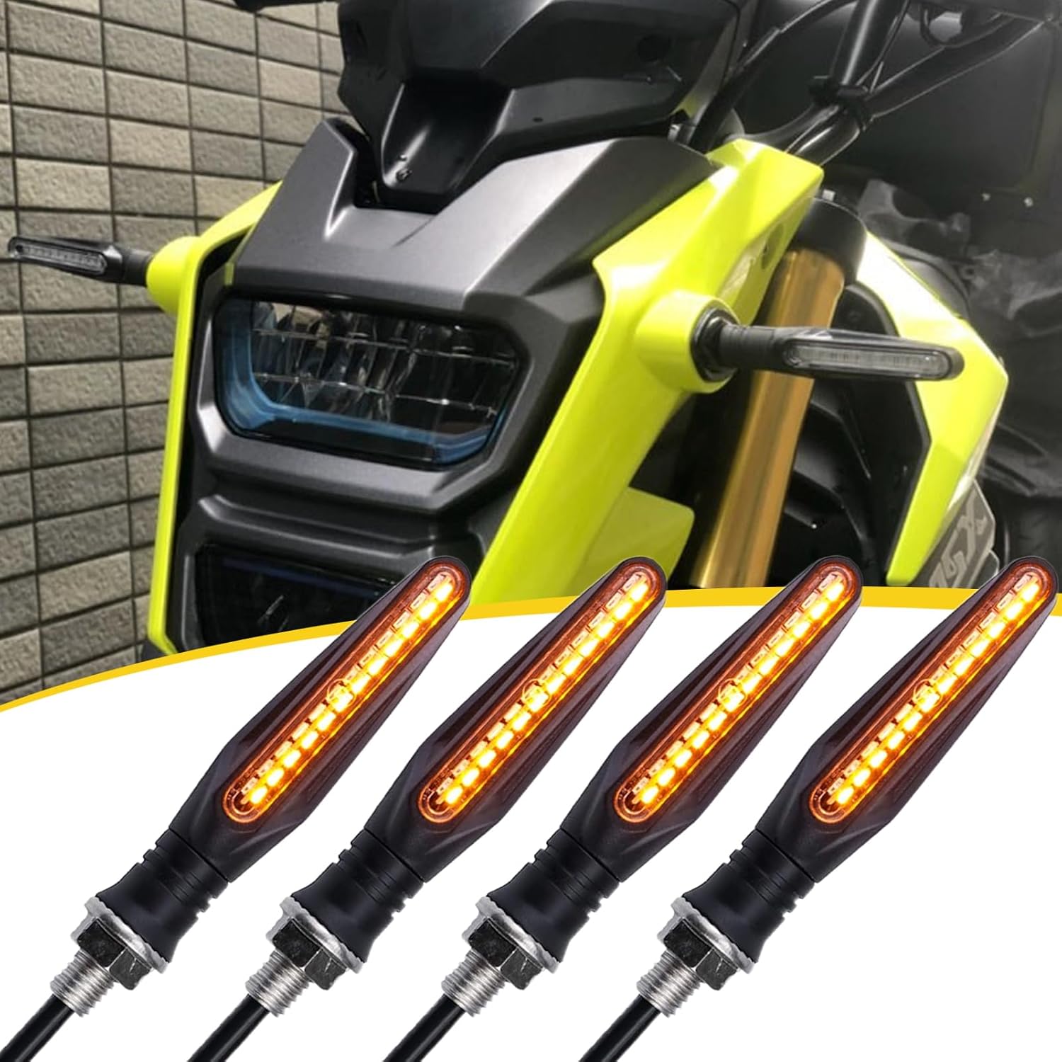 Pack-4 Motorcycle Indicators, Flowing Turn Signal Brake Lights, Daytime Running Lights, 12V Motorcycle Turn Signals, for Motorcycle, Dirt Bike Motorbike (Yellow)