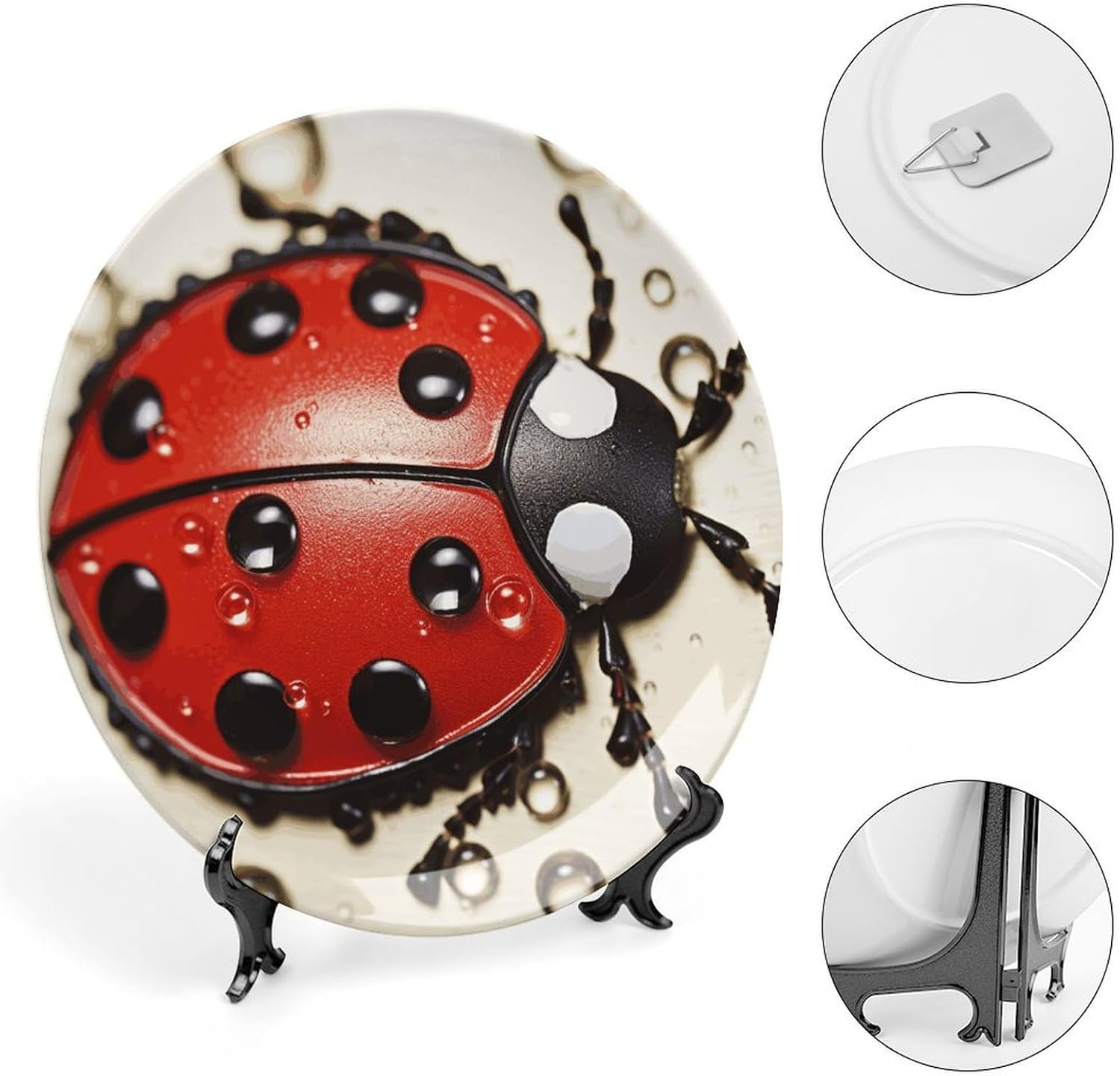 Beautiful Ladybug Ceramic Plate 10inch Decorative Bone China Wall Hanging Ornament Plates Bohemian Style Dinner Plate with Display Stand Cabinet Display Plates for Home Art Decor