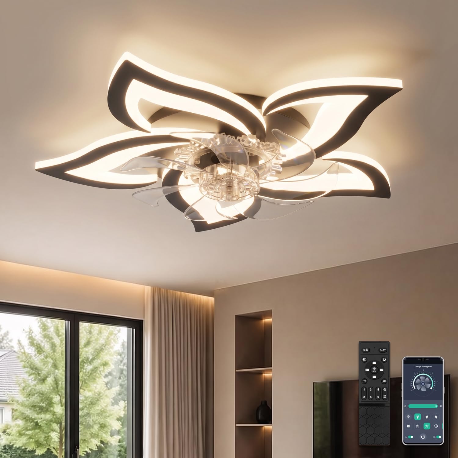 Lampadario con Ventilatore da Soffitto Silenzioso Nero Ventilatore da Soffitto con Luce e Telecomando Motore DC Reversibile Memoria Dimmerabile Lampadario con Pale con 6 Velocità
