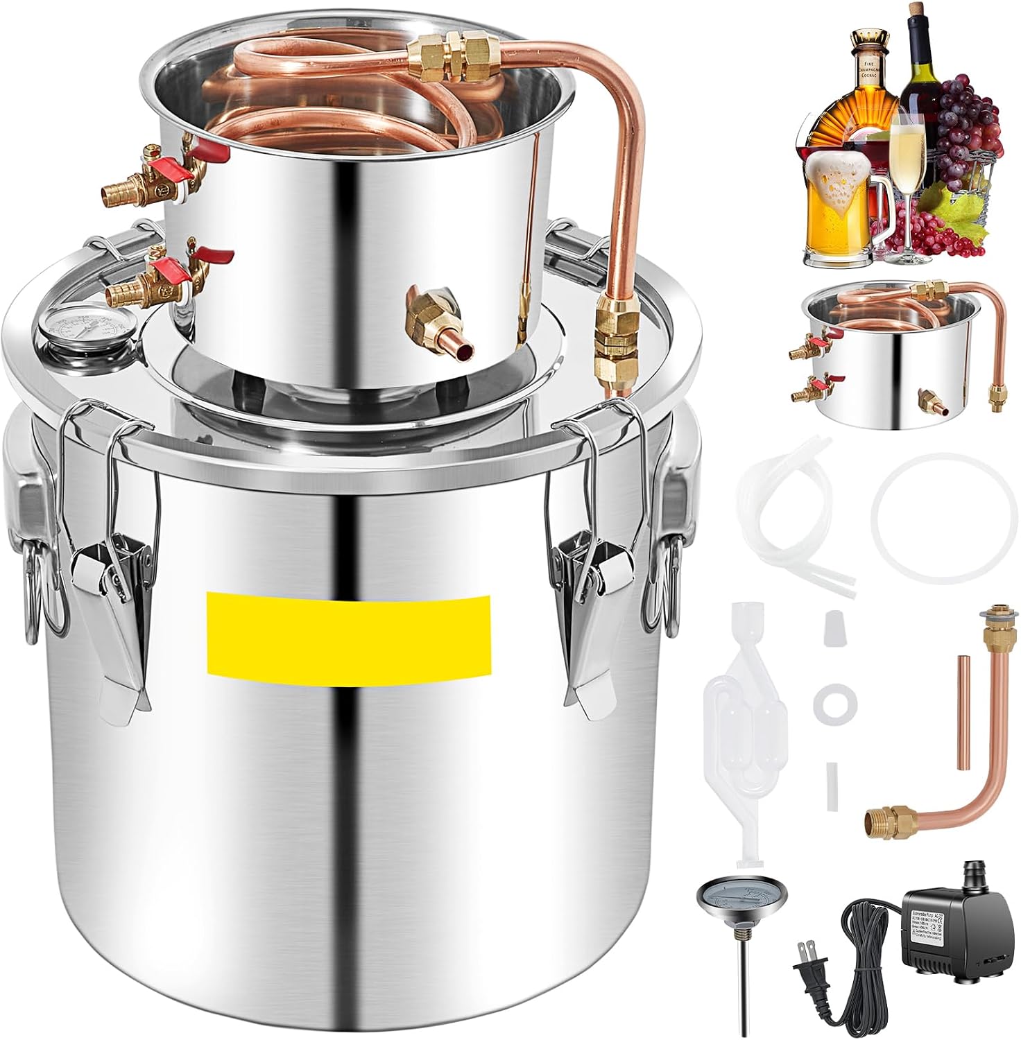 Happybuy Alcohol Still 50L/13.2Gal, Copper Tube Distiller with Pump, Thermometer, DIY Kit for Whiskey, Stainless Steel