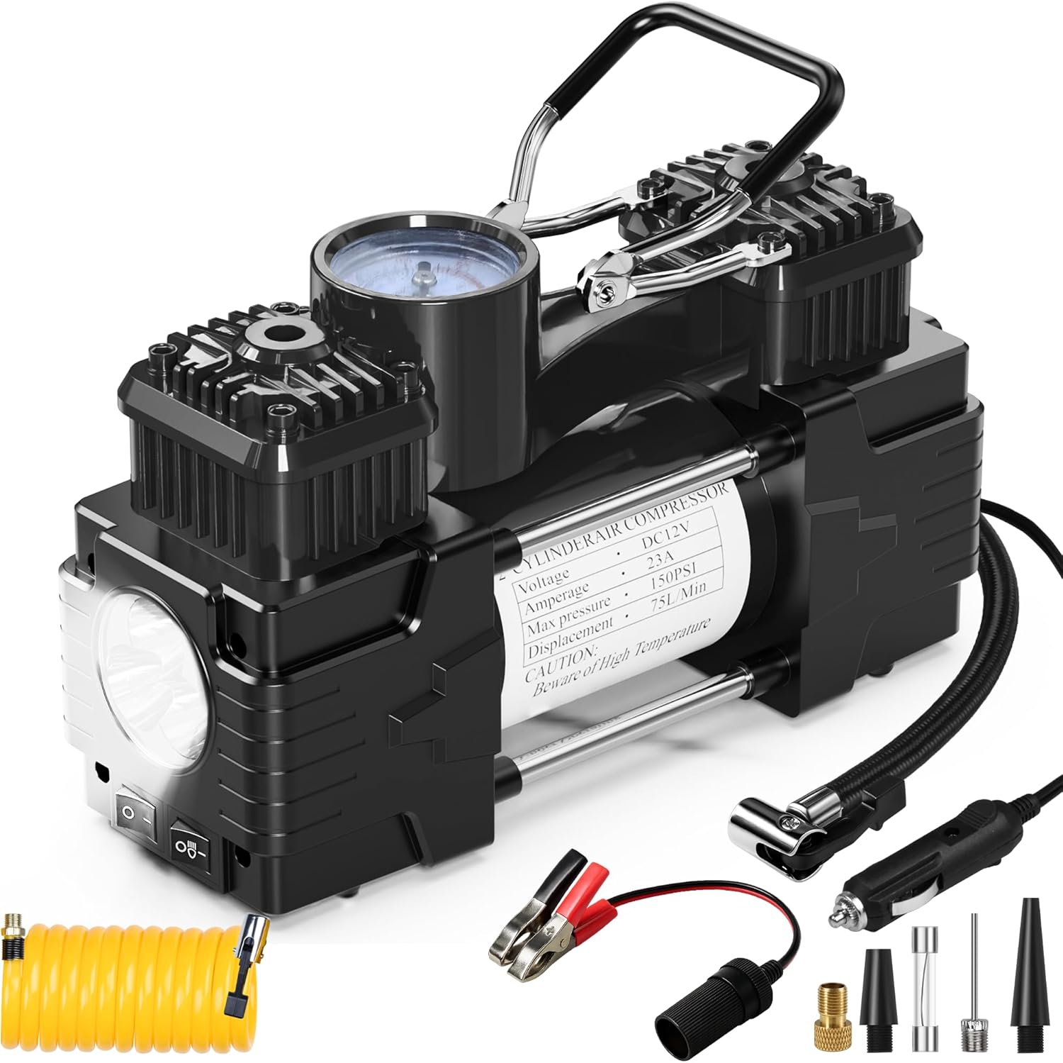 Dual Cylinder Tire Inflator Air Compressor, 150 PSI 12V DC Portable Air Pump Car Accessories, LED Light, Heavy Duty Off Road for Truck, SUV, Car, RV for Men Women (BLACK)