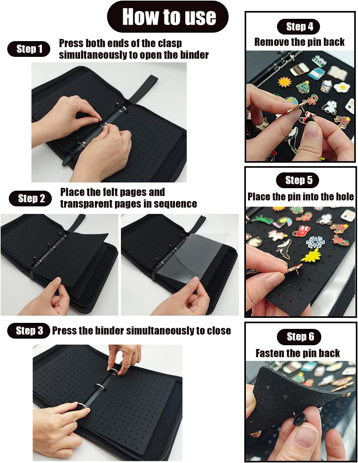 Pin Display Book Leather Pin Trading Book Enamel Pin Display with 6-Page Display Board 5-Page Clear Protective Page Display Board and 50PCS Locking Pin Back for Pin Collection Display Book (Large)