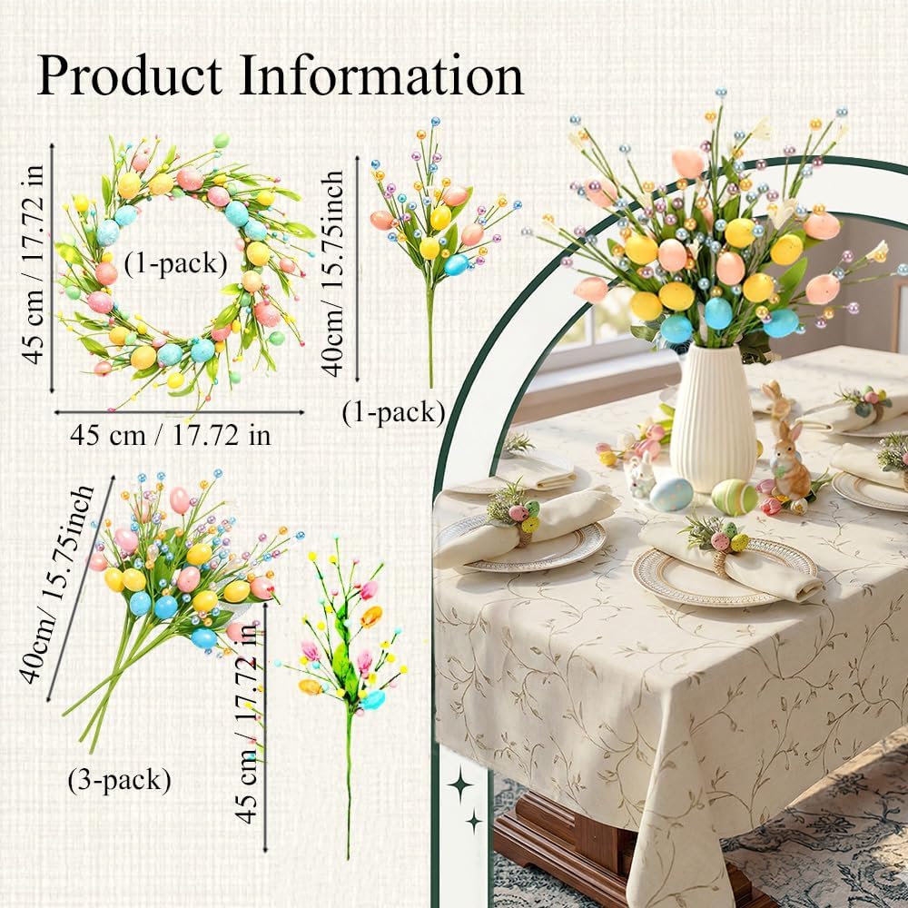 2026 Upgraded Artificial Easter Spray Vine with Pastel Easter Eggs and Berries, Spring Flower Stems Egg Twig Branches for Home Party Wedding Holiday Spring Summer Decoration (Velvet Style B)