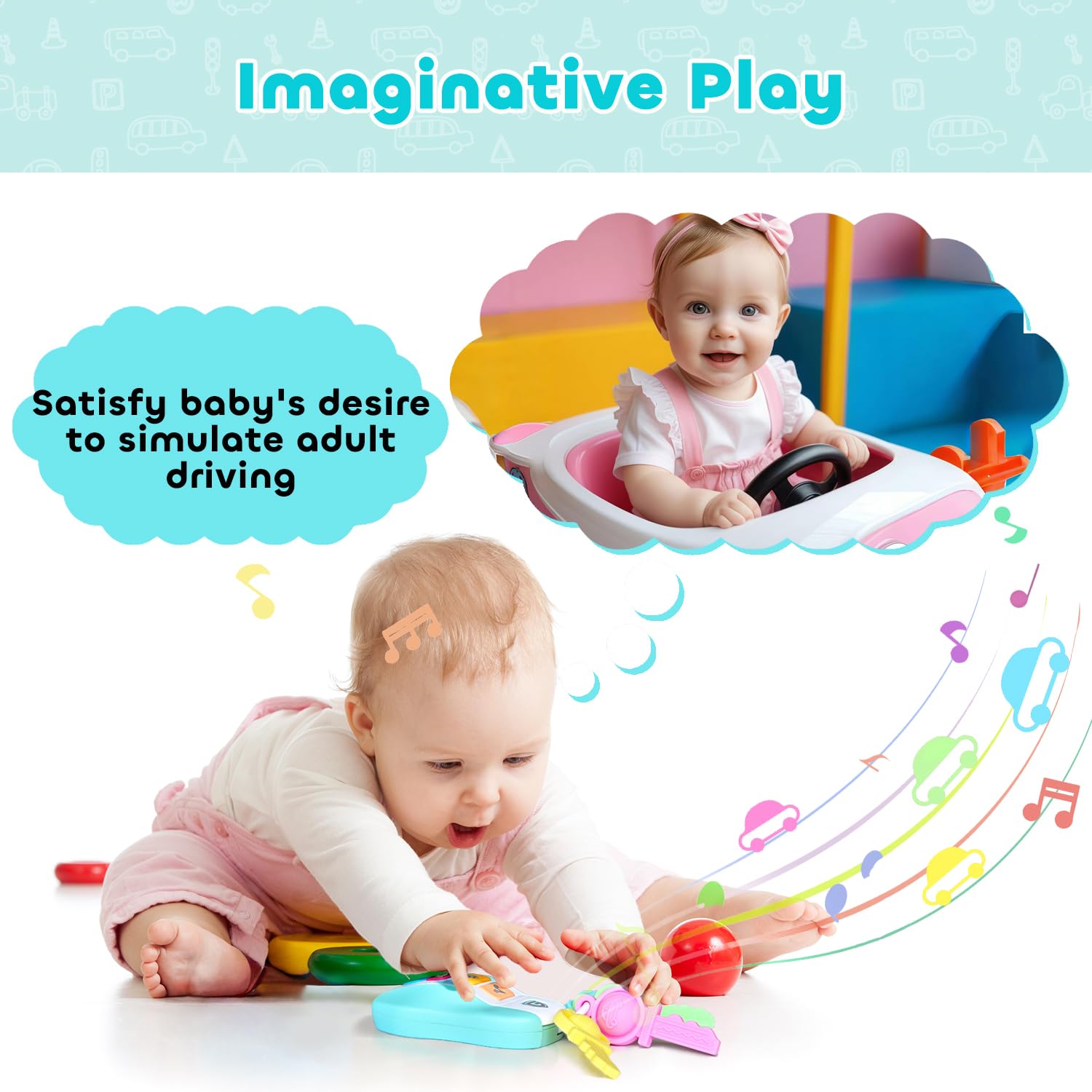 MOMUSE Giochi Dentizione Neonato con Chiavi dell'auto, Massaggia Gengive Neonati Anello per la Dentizione del Bambini Senza BPA, Giocattoli Musicali per Neonati di età Superiore ai 6 Mesi