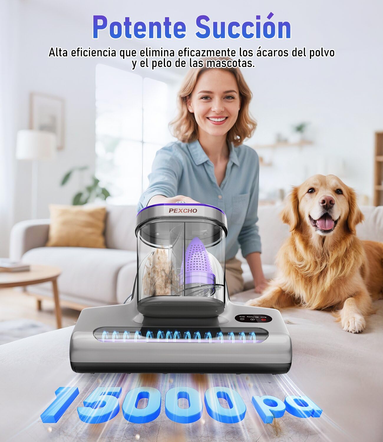 PEXCHO Aspirador de ácaros PM600 con luz UV, 500 W, para alérgicos, Elimina el 99,9% de los ácaros del Polvo, alérgenos, Pelo de Animales de colchones, alfombras y sofás