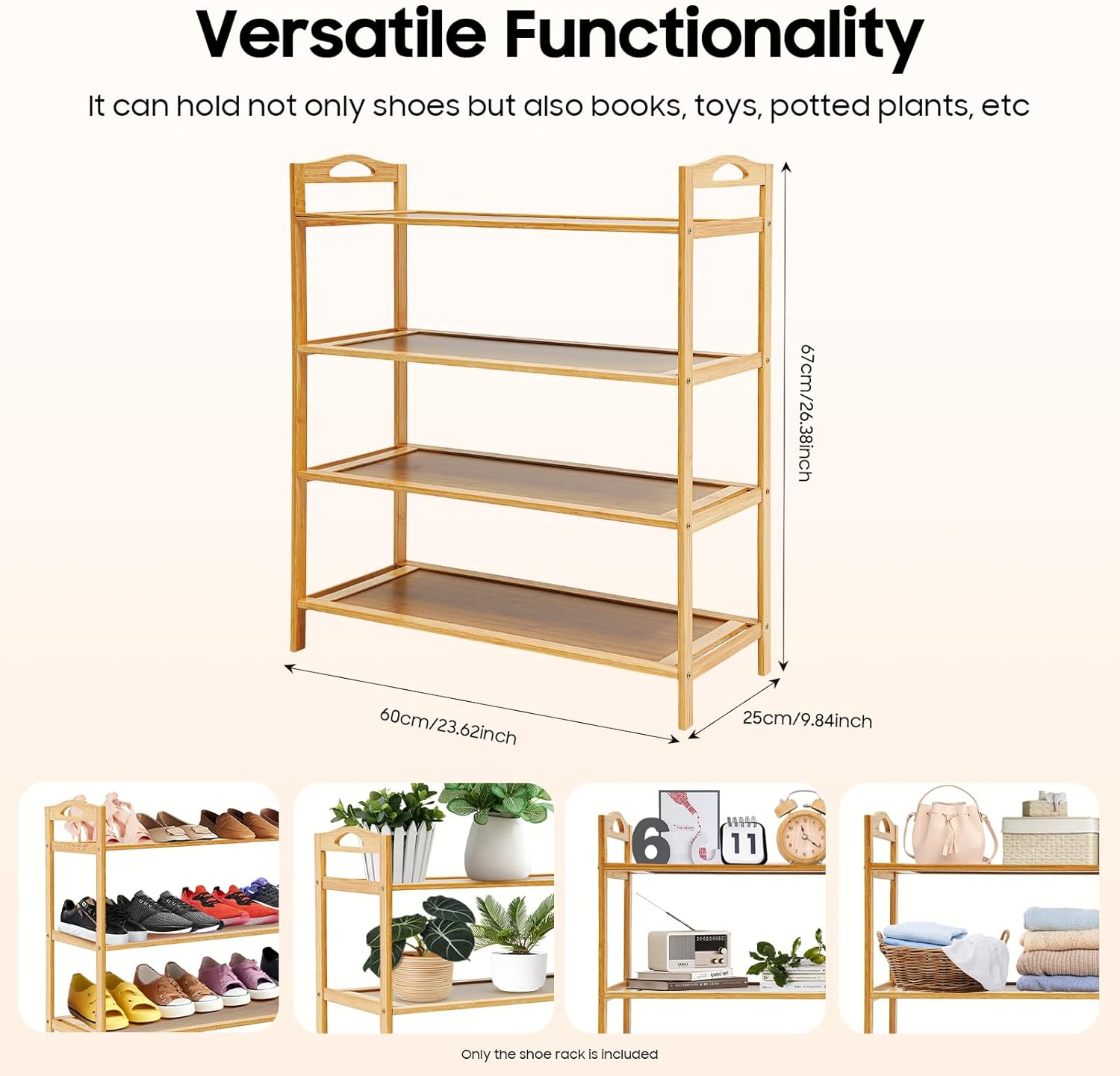 4 Tier Bamboo Shoe Rack, 23.62x9.84x26.38in Free Standing Bamboo Wood Shoe Rack, Stackable Shoes Shelf Organizer for Small Space Entryway Hallway Closet