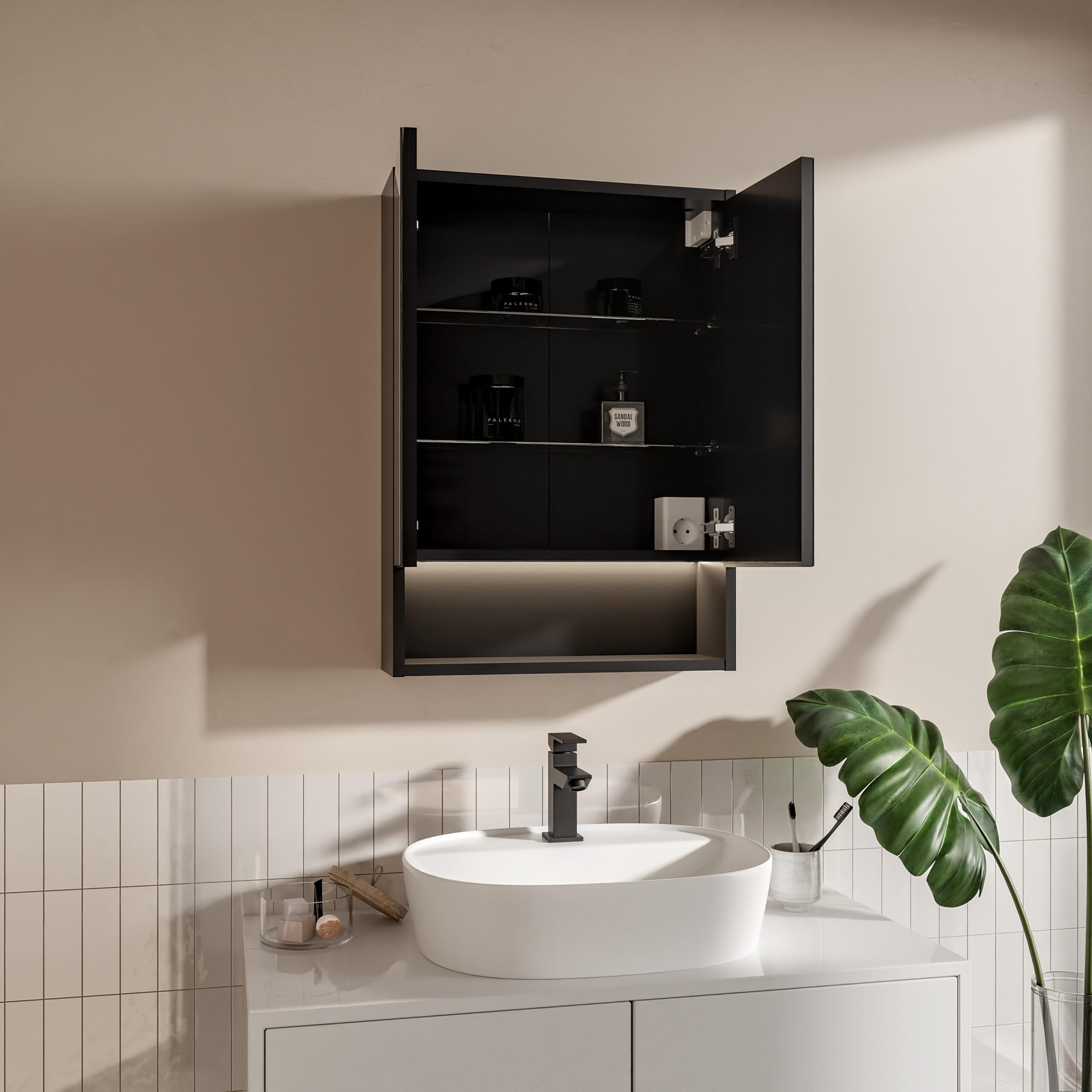 Armadietto Bagno Con Specchio LED 50x70 cm Nero, Mobile Specchio Bagno Sospeso Con Luce LED 4000K, Presa Elettrica e Interruttore, Pensile Bagno Con Ripiani In Vetro, Specchiera Bagno Moderna