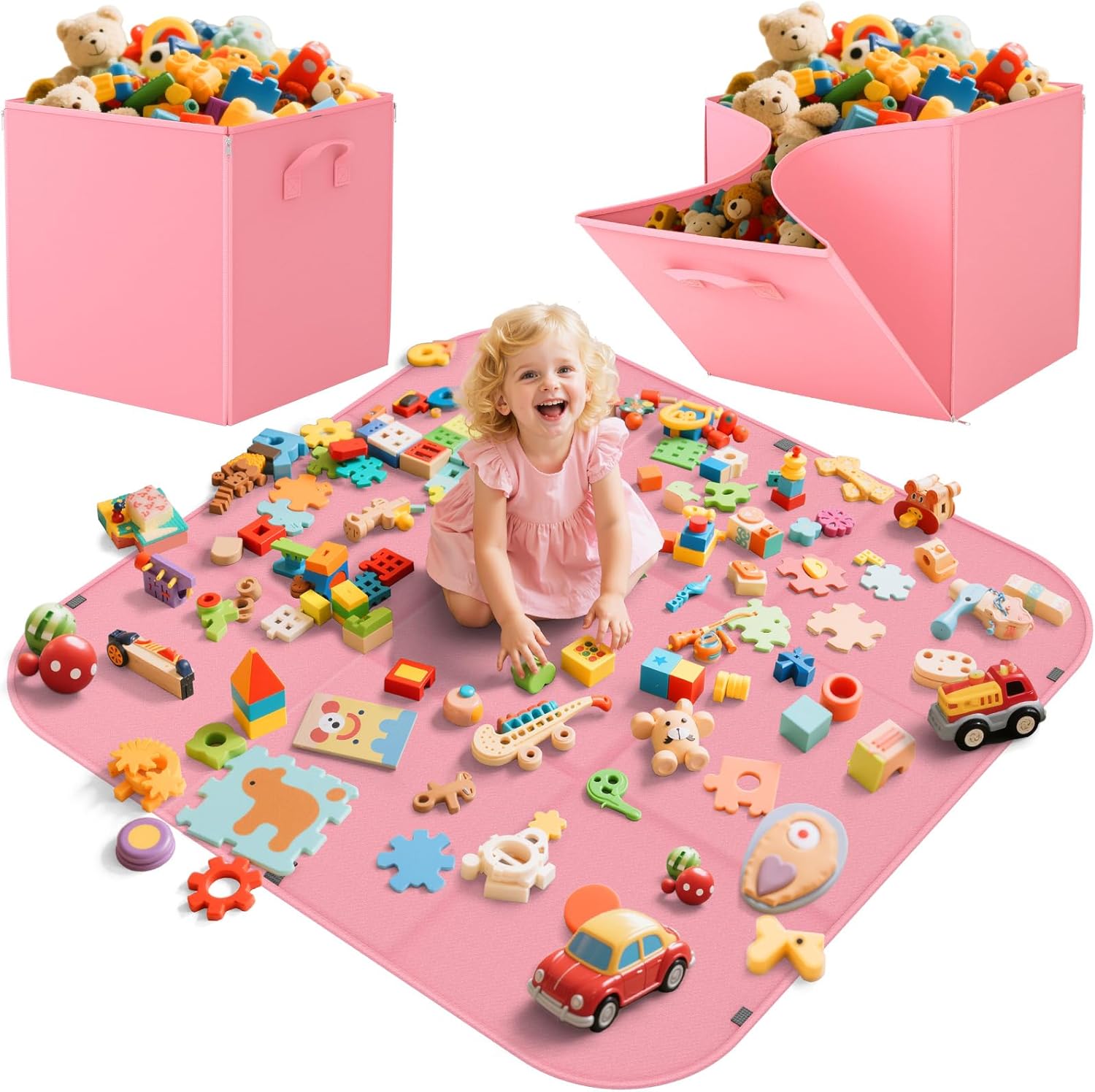 YOHOOLYO 2 In 1 Toy Storage Play Mat, Storage Box for Kids Children Space Adventures Design,Nursery, Playroom, Basket for Building Bricks Blocks Collapsible Cube Bin, 16.9"x16.9"x16.9"