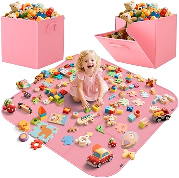 YOHOOLYO 2 In 1 Toy Storage Play Mat, Storage Box for Kids Children Space Adventures Design,Nursery, Playroom, Basket for Building Bricks Blocks Collapsible Cube Bin, 16.9"x16.9"x16.9"
