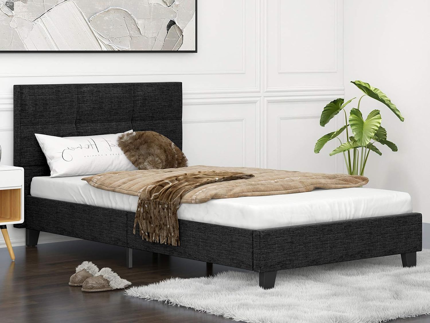 mecor Upholstered Linen Twin Platform Bed Metal Frame with Wood Slat Support,Square Stitched Headboard,Black/Twin Size