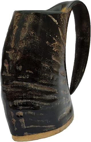 Miniatura 7 de Juego de 2 tazas de cuerno vikingo, 100% auténtica jarra medieval de cuerno de cerveza con superficie de madera, taza de cuerno vikingos de 16