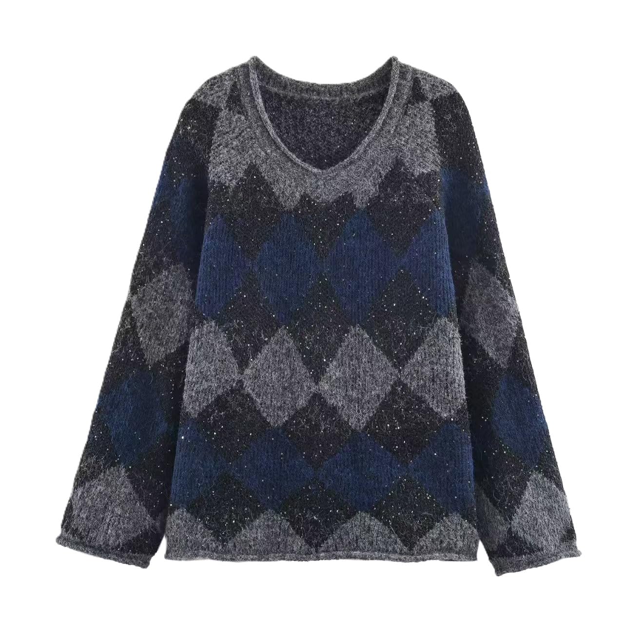 Womens Vintage Argyle Sweater V Neck Long Sleeve Casual Loose Plaid Chunky Sweater Fall Fashion Knit Top
