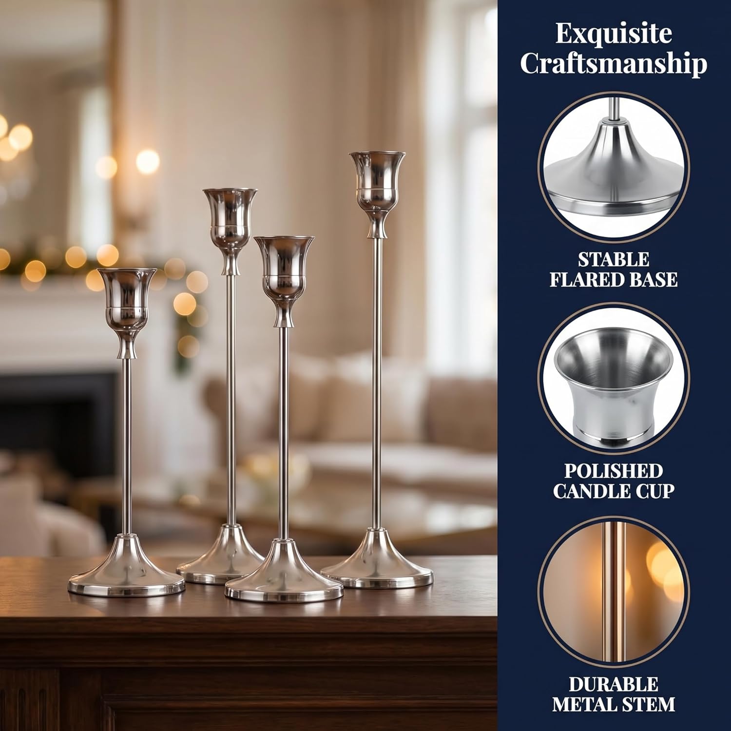 Silver Taper Candle Holders 4 Sets(12 Pcs) - Tall Metal Candlestick Holders for Table Centerpiece, Formal Dinner, Wedding, Fireplace Mantel Decor, Fits 3/4 Inch Thick Candles